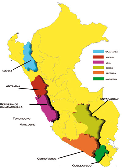 Mapa de las inversiones de Newmont en el Perú.