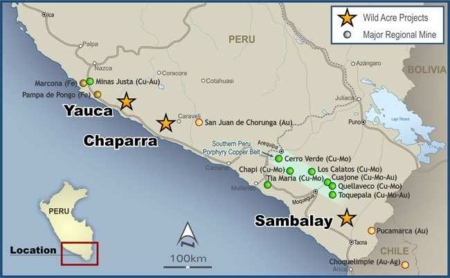 Location of Wild Acre Projects and Large Iron, Copper and Gold Projects in Southern Peru