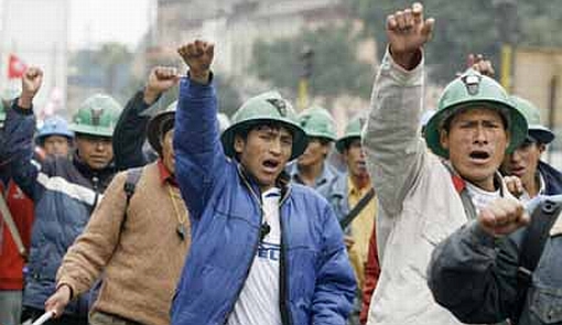 Peruvian miners protest in the streets in Lima