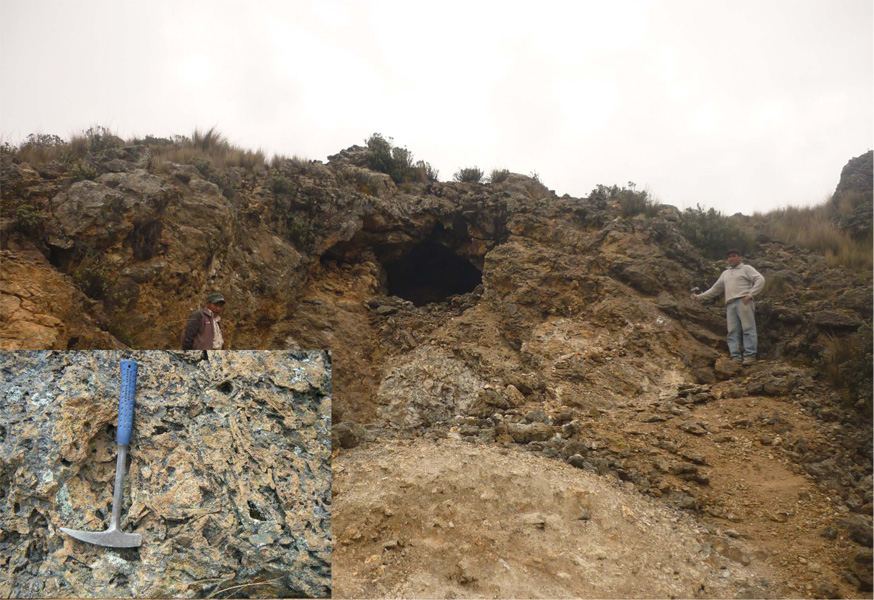 The B-1 hydrothermal breccia pipe with strong silica-tourmaline- sulphides-FeOx in matrix. Site of an historic 1996 diamond drill hole which returned 61,5m grading 1.92 g/t Au, 145.8 g/t Ag and 1.82% Cu.