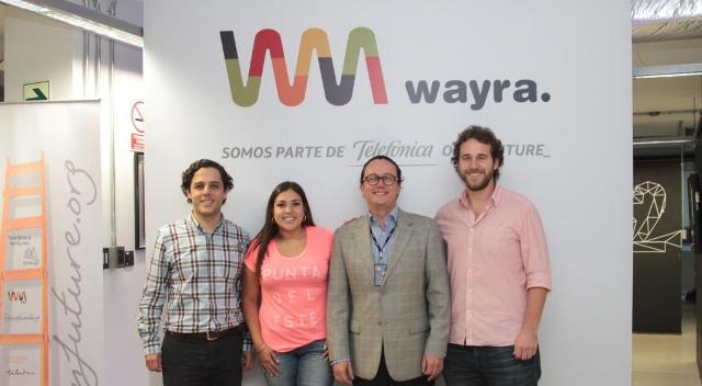 Giancarlo Falconi, gerente de Negocios de Wayra Perú,  Amparo Nalvarte CEO de Culqi, Alexander Gómez, director Ejecutivo Wayra Perú y Domingo Seminario, COO de Joinnus, tras el lanzamiento de la nueva convocatoria global de proyectos tecnológicos de Wayra Perú.