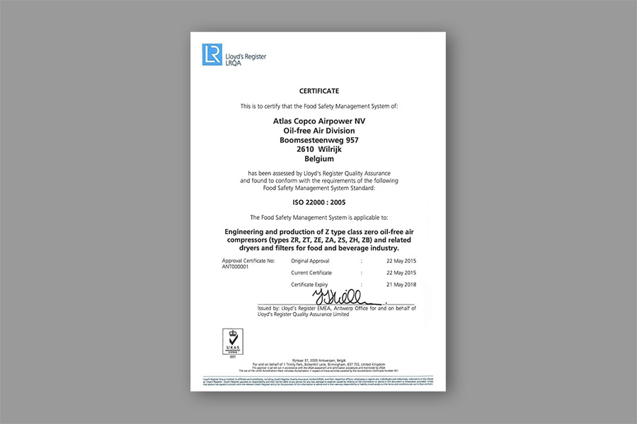 ISO 22000 Certificate Atlas Copco Antwerp
