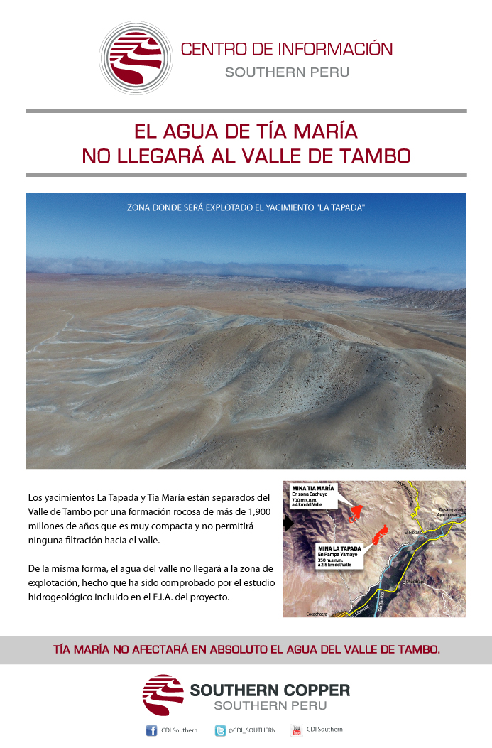 Southern: El agua de Tía María no llegará al Valle de Tambo