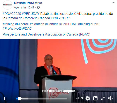 #PDAC2020 #PERUDAY Palabras finales de José Vizquerra. presidente de la Cámara de Comercio Canadá Perú - CCCP (Video)