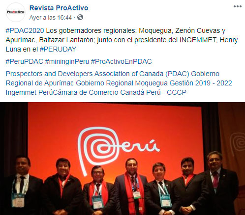 #PDAC2020 Los gobernadores regionales: Moquegua, Zenón Cuevas y Apurímac, Baltazar Lantarón; junto con el presidente del INGEMMET, Henry Luna en el #PERUDAY