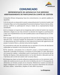 Representante de Antapaccay fue impedido arbitrariamente de participar en comité de gestión