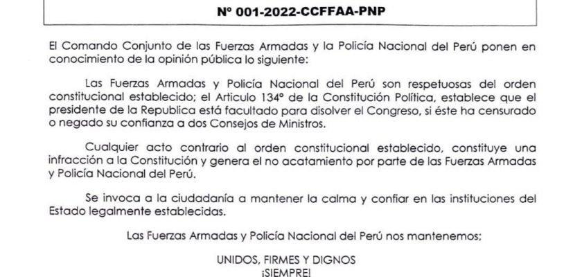 Fuerzas Armadas y Policía Nacional del Perú acordaron su apoyo al Congreso de la República
