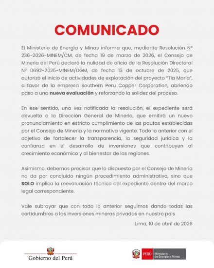 Consejo de Minería anula autorización de Tía María