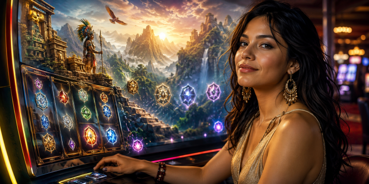 Mujer en entorno de juego con luces brillantes