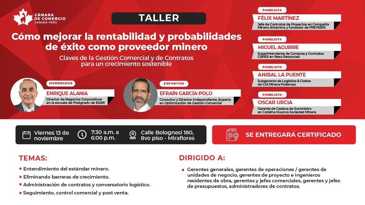 Taller: Cómo mejorar la rentabilidad y probabilidades de éxito como proveedor minero (13 NOV)